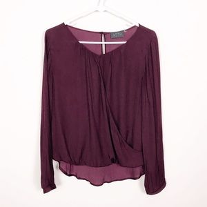 ASTR Burgundy Wine Purple Faux Wrap Top Loose Fit Flowy Chiffon Drape Blouse